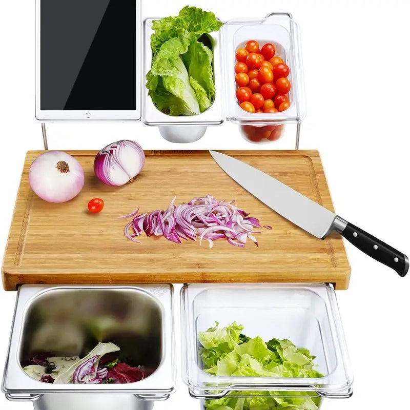 Expandable Bamboo Cutting Board Set – With Trays, Containers & Juice Groove for Organized Prep