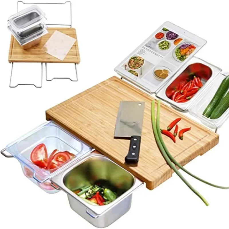Expandable Bamboo Cutting Board Set – With Trays, Containers & Juice Groove for Organized Prep
