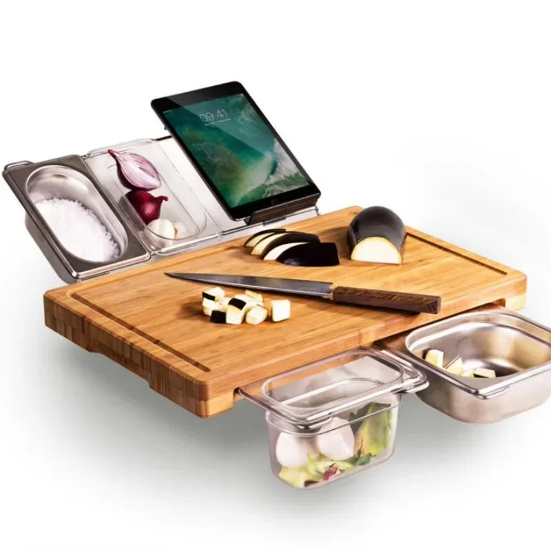 Expandable Bamboo Cutting Board Set – With Trays, Containers & Juice Groove for Organized Prep